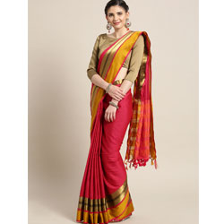 "Saree mall - Tasselled Detail Women Pink Solid Saree with Blouse Piece"
