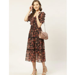 "Antheaa - Women Floral Print Tiered Midi Fit & Flare Black & Rust Orange Dress "