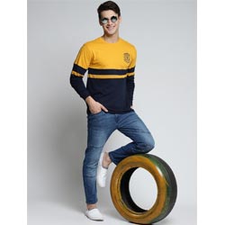 "Men Mustard-Coloured & Navy Blue Cotton Round Neck T-shirt"