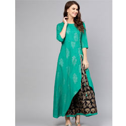 "Aasi - Women Green & Black Cotton Printed Kurta with Skirt"