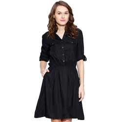 "Women's Rayon A-Line Dress by Amayra (Black)"