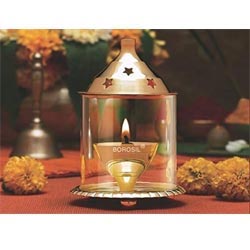 "Borosil Akhand Brass Table Diya with glass surface"