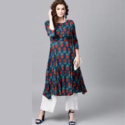 "Viscose Ethnic Motifs Blue & Orange Printed A-Line Kurta for women by Sassafras"