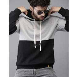 "Campus Sutra - Men Black & Grey Colourblocked Hooded Sweatshirt"