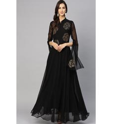 "Inddus Embellished Long, Slit Sleeves Maxi Dress for Women - Black"
